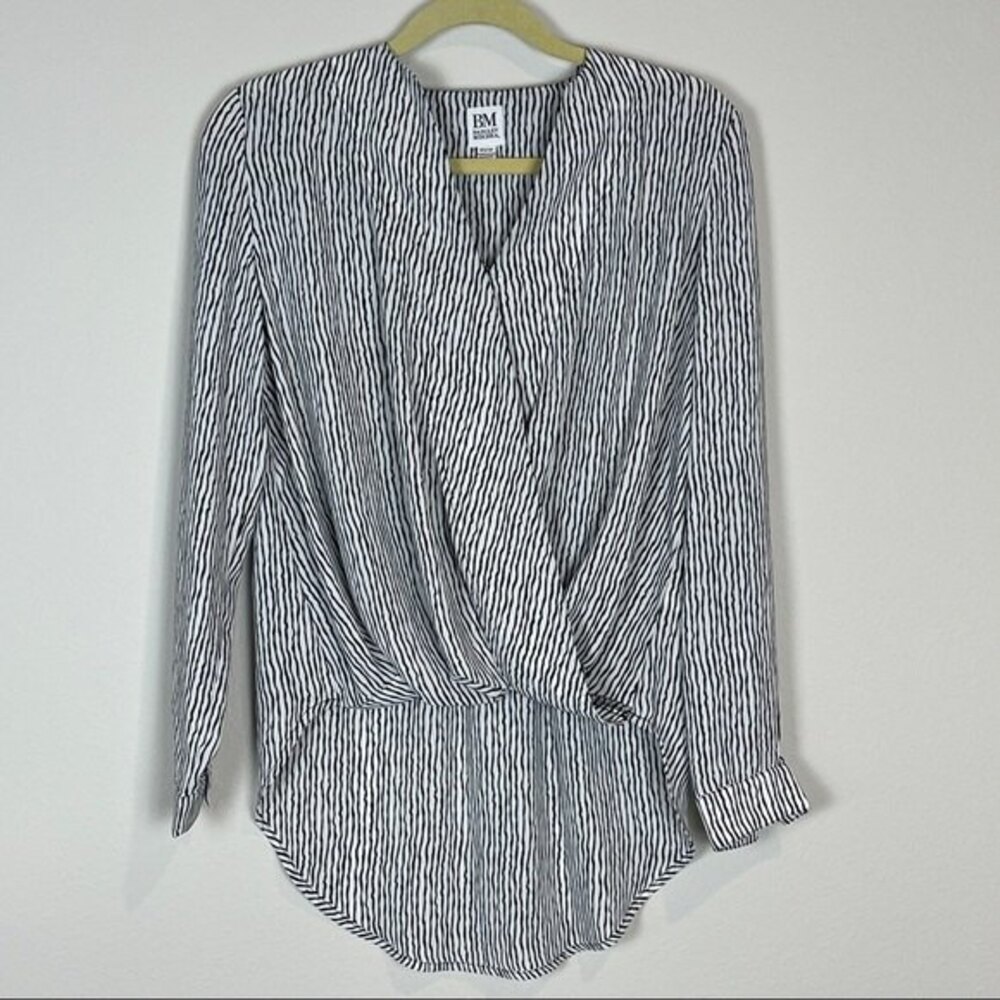 Badgley Mischka Wrap Hi-lo Striped Black White Blouse XS